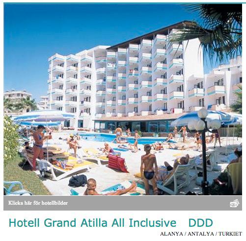 Grand Atilla Hotel i turksika Alanya beskrivs av arrangören Detur som ett omtyckt mellanklass all inclusive-hotell nära stranden, med bufférestaurang och enkla men ljusa och trevliga dubbelrum.