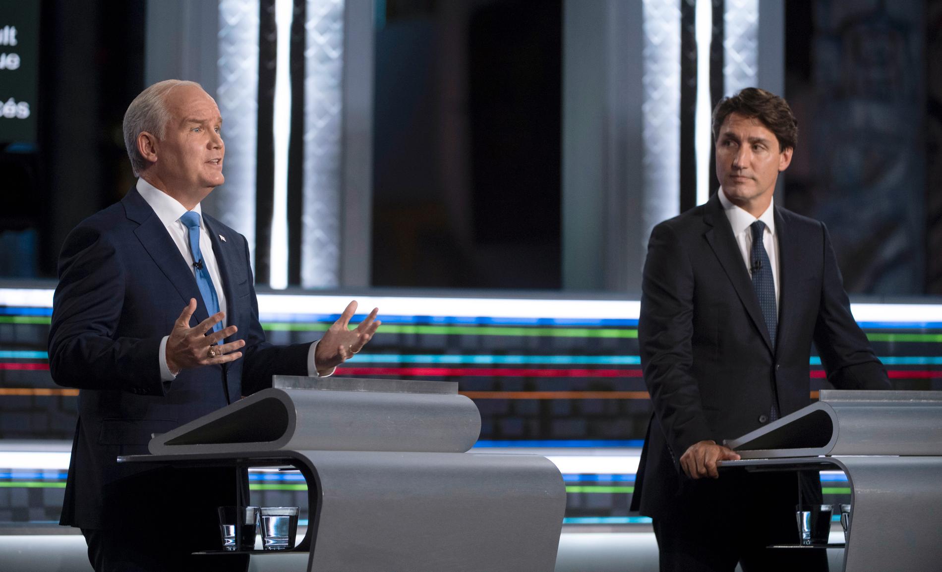 Erin O'Toole och Justin Trudeau under en debatt tidigare i september. 