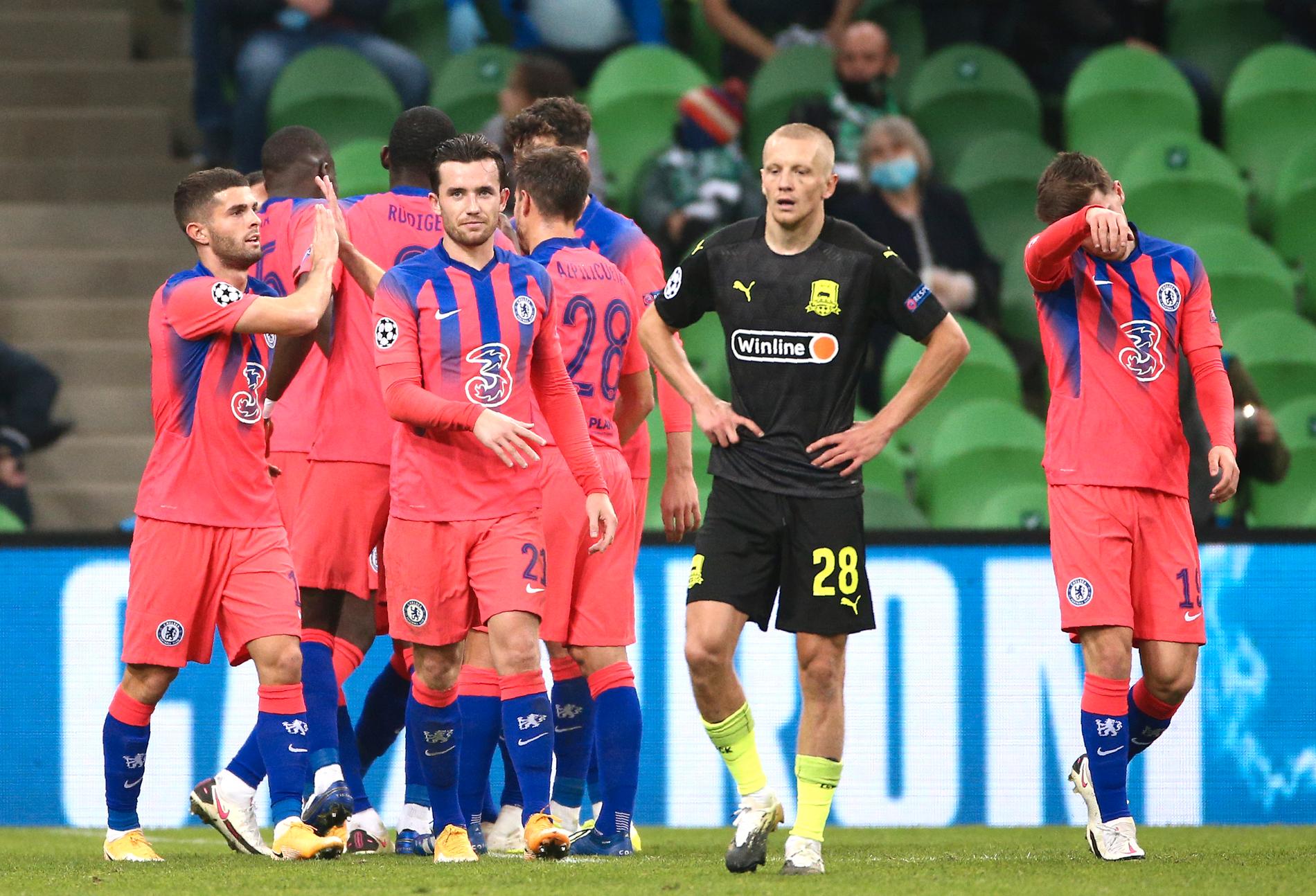 Chelseas Timo Werner firar med lagkamraterna efter sitt 2–0-mål i storsegern mot Krasnodar.