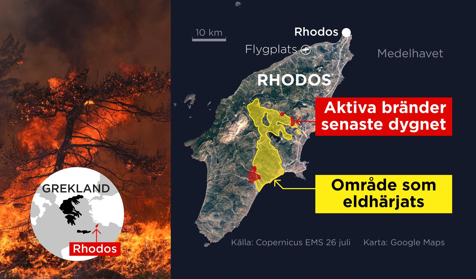 Kartan visar aktiva bränder på den grekiska ön Rhodos det senaste dygnet samt eldhärjade områden.