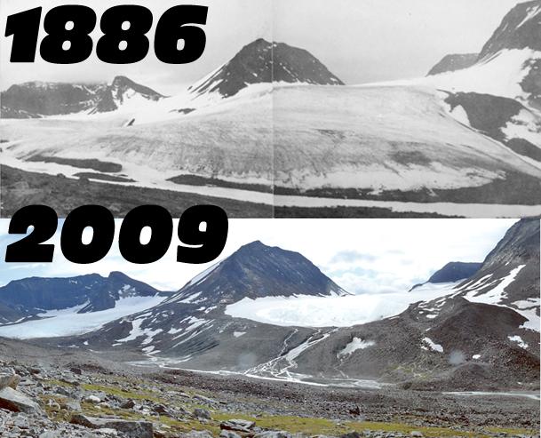 Kebnekaises glaciärer smälter. På 2000-talet har Sveriges glaciärer minskat med 5–10 procent om året. (Klicka för större version.)