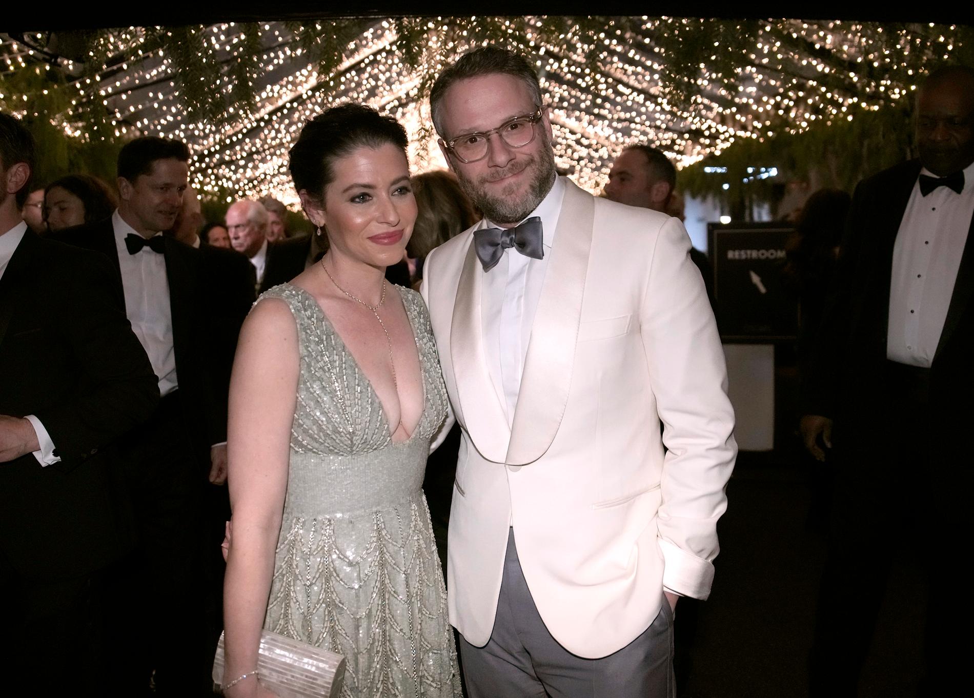 Lauren Miller och Seth Rogen på Governors Ball efter Oscarsgalan 2023.