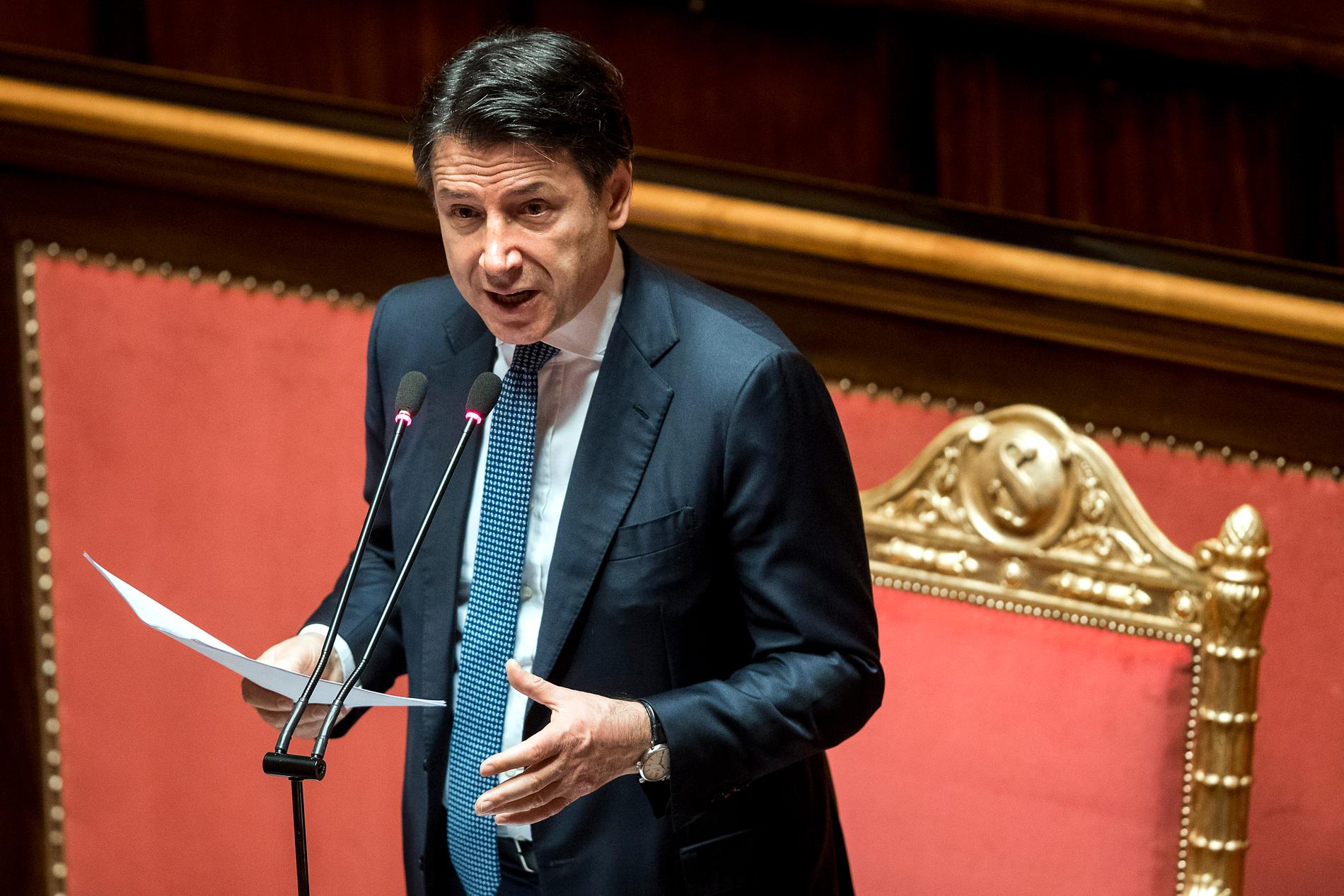 Italiens premiärminister Giuseppe Conte vid ett framträdande i senaten i torsdags.