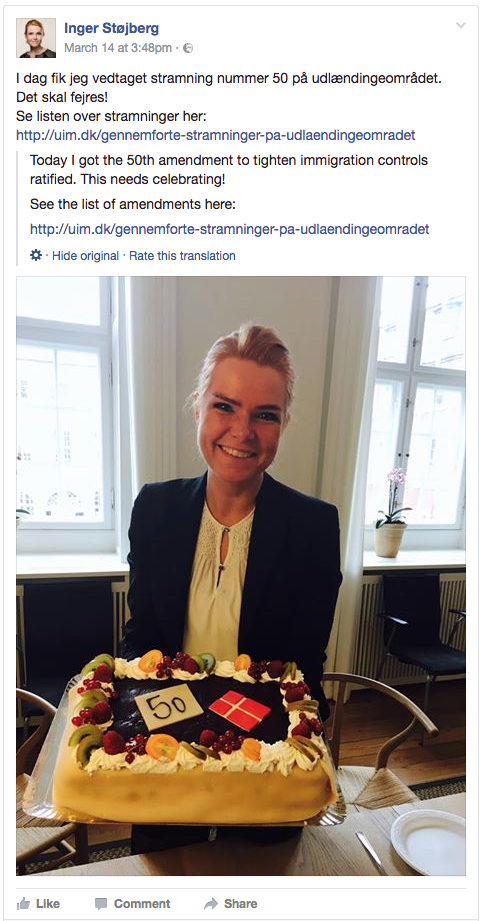 “I dag klubbades den 50:e skärpningen av migrationspolitiken igenom. Det måste firas”, skrev den danska integrationsministern Inger Støjberg från liberalkonservativa Venstre på sin Facebooksida i tisdags.