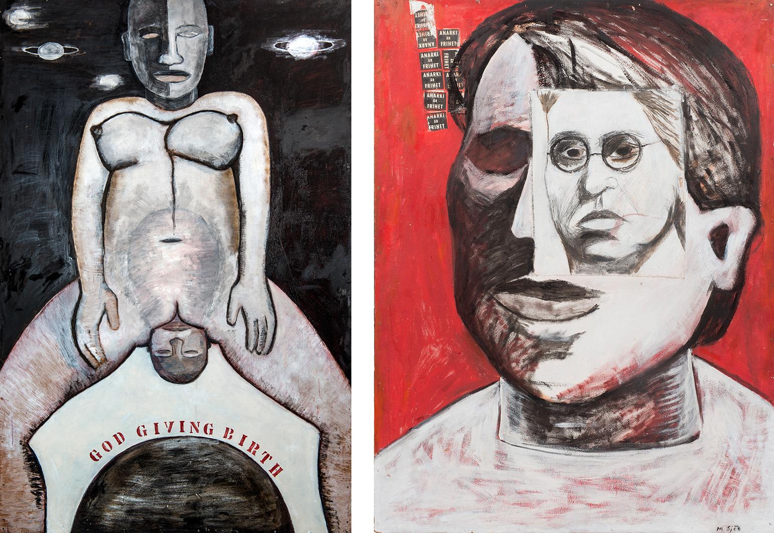 Monica Sjöö: ”God Giving Birth” (1968) samt ”Emma Goldman” (1967), båda © Museum Anna Nordlander, Skellefteå.