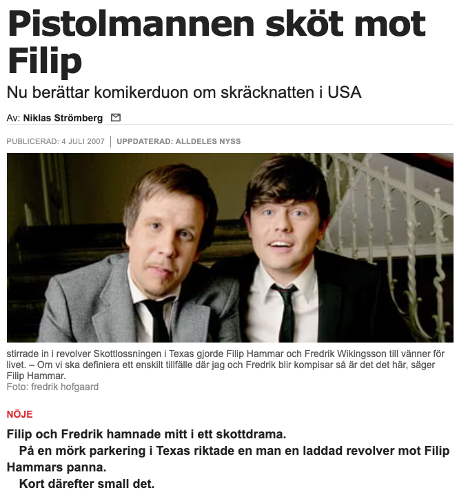 Aftonbladets artikel om Filip Hammars ”pistoldrama”.