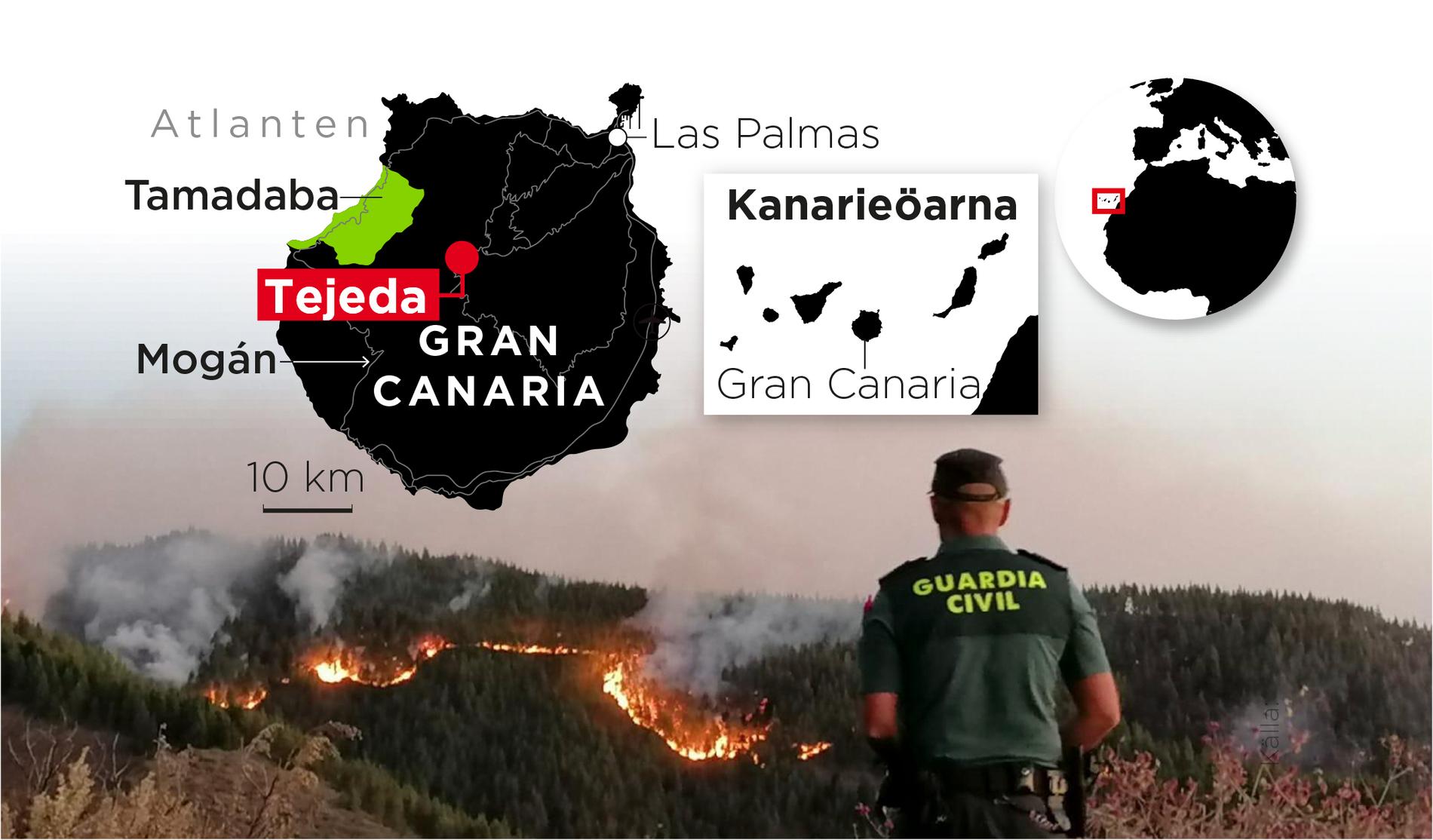 Branden hotar orten Mogán på den sydöstra delen av ön.