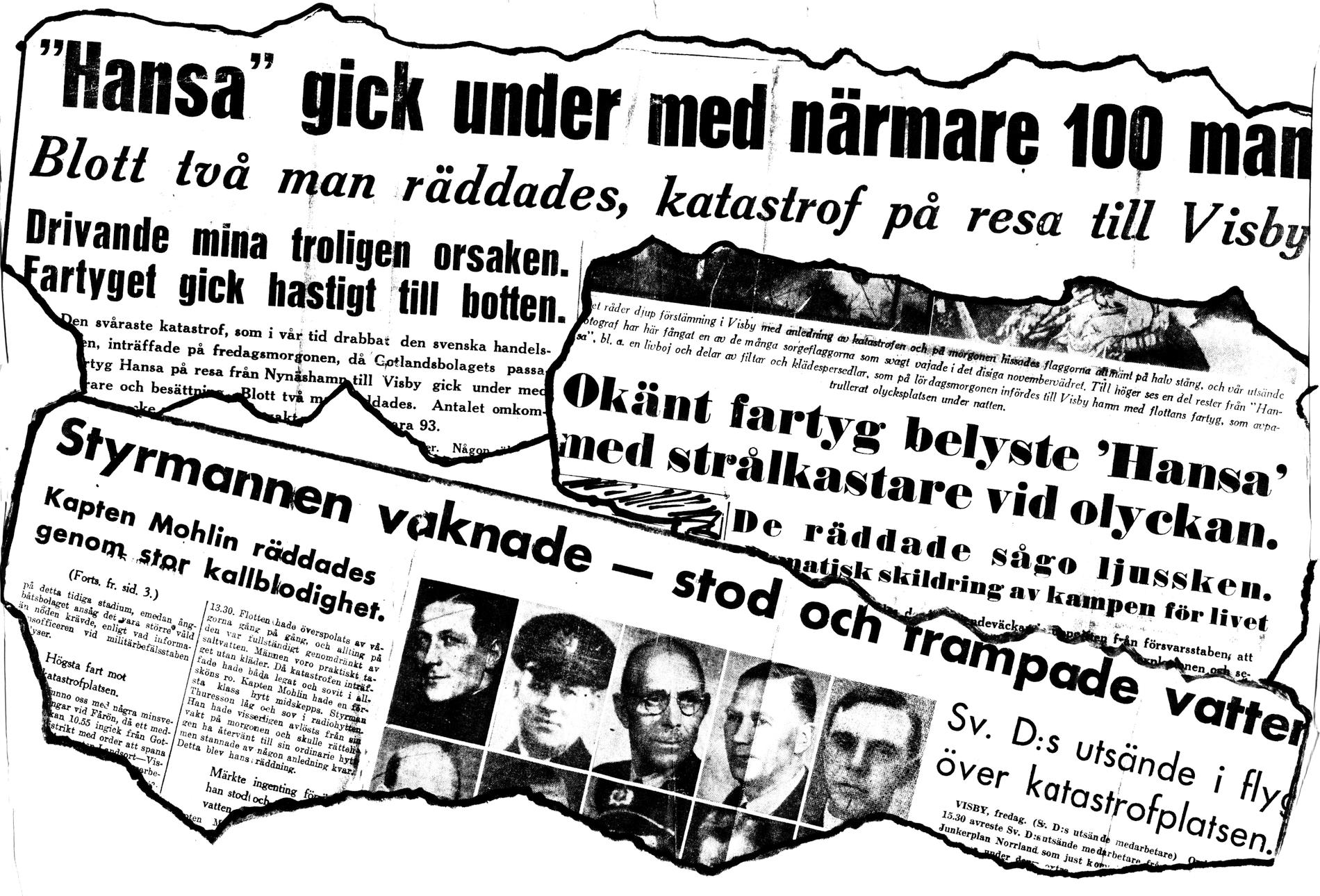 Tidningsrubriker från olika dags och -morgontidningar om katastrofen med passagerarfärja S/S Hansa som förliste 44 km norr om Visby efter att ha torpederats av den sovjetiska ubåten L21 på sin färd från Nynäshamn till Visby. Arkivbild.