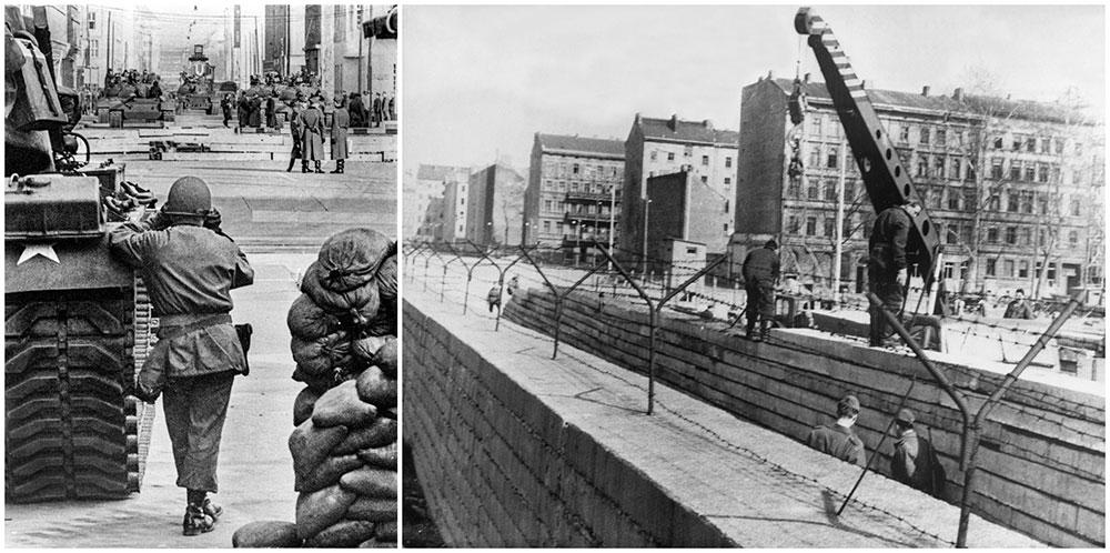 Vid gränsövergången i Berlin stod amerikanska och sovjetiska stridsvagnar riktade mot varandra på vars sin sida av Friedrichstrasse. På högra bilden ser man muren byggas. 