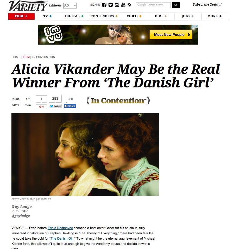 Vikander får svallande beröm i branschtidningen Varietys recension av ”The danish girl”.