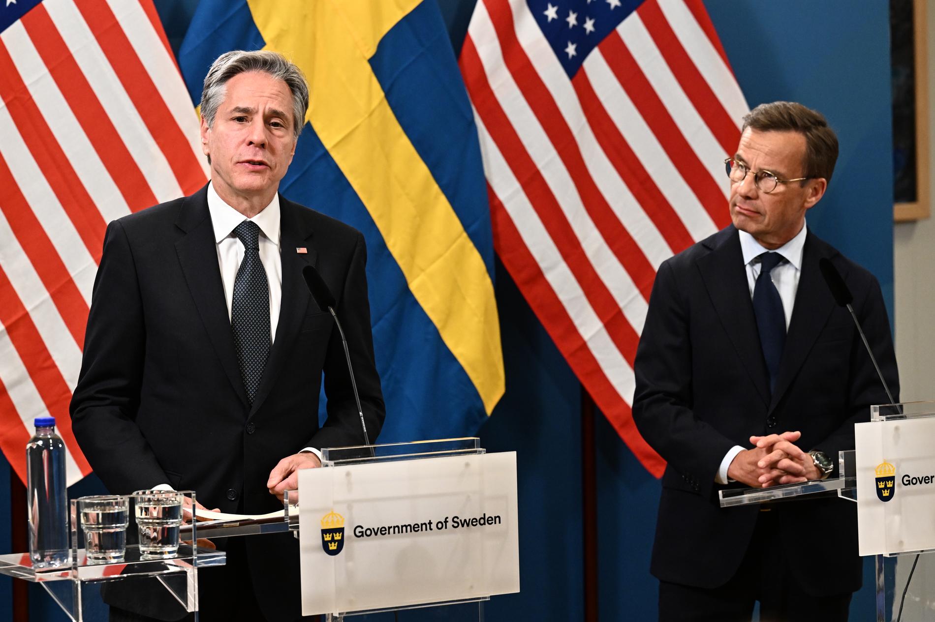 Statsminister Ulf Kristersson och USA:s utrikesminister Antony Blinken vid pressträffen i Luleå.