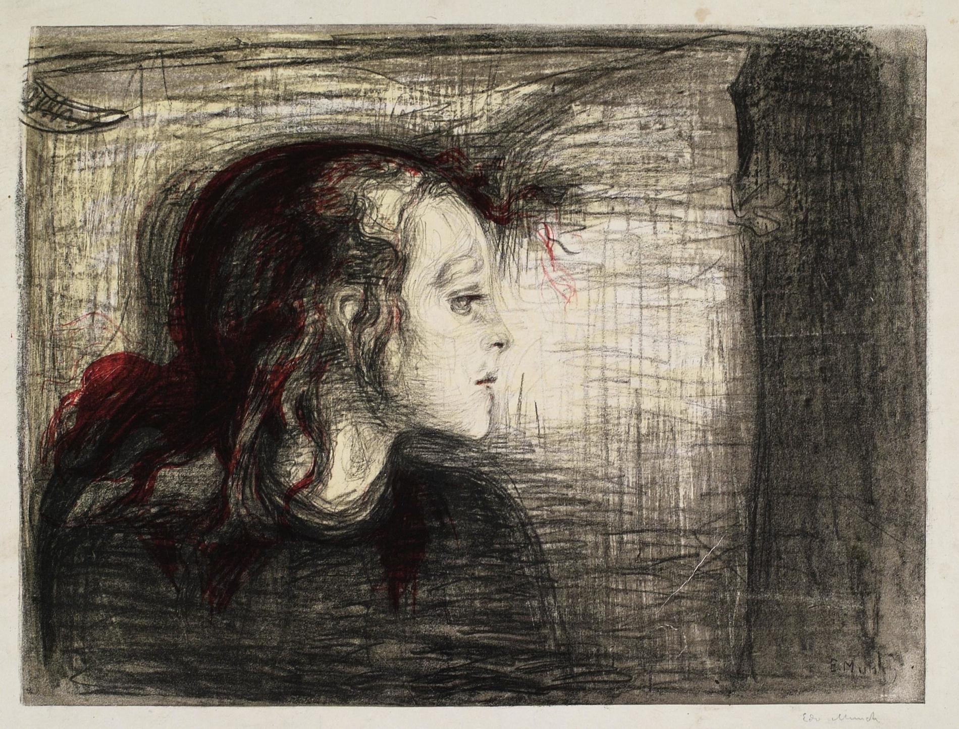 Vid sidan Edvard Munchs fotografier visas en del av hans grafiska konst, däribland "Det sjuka barnet" från 1896. Pressbild.
