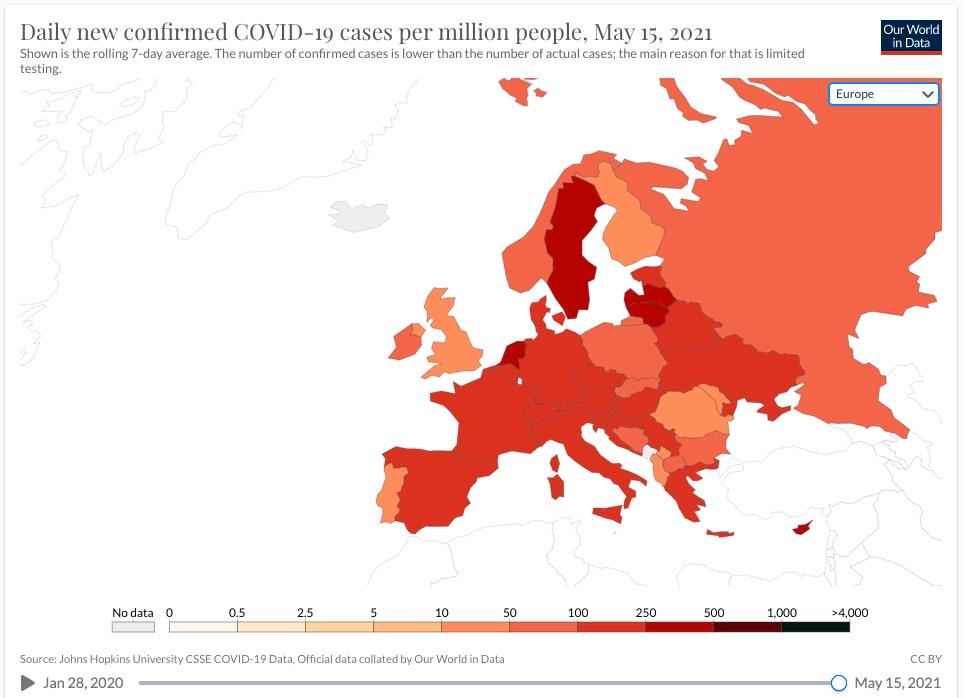 Ännu en gång lyser Sverige mörkrött på Europakartan som visar vilka länder som just nu är mest drabbade av coronasmitta. 