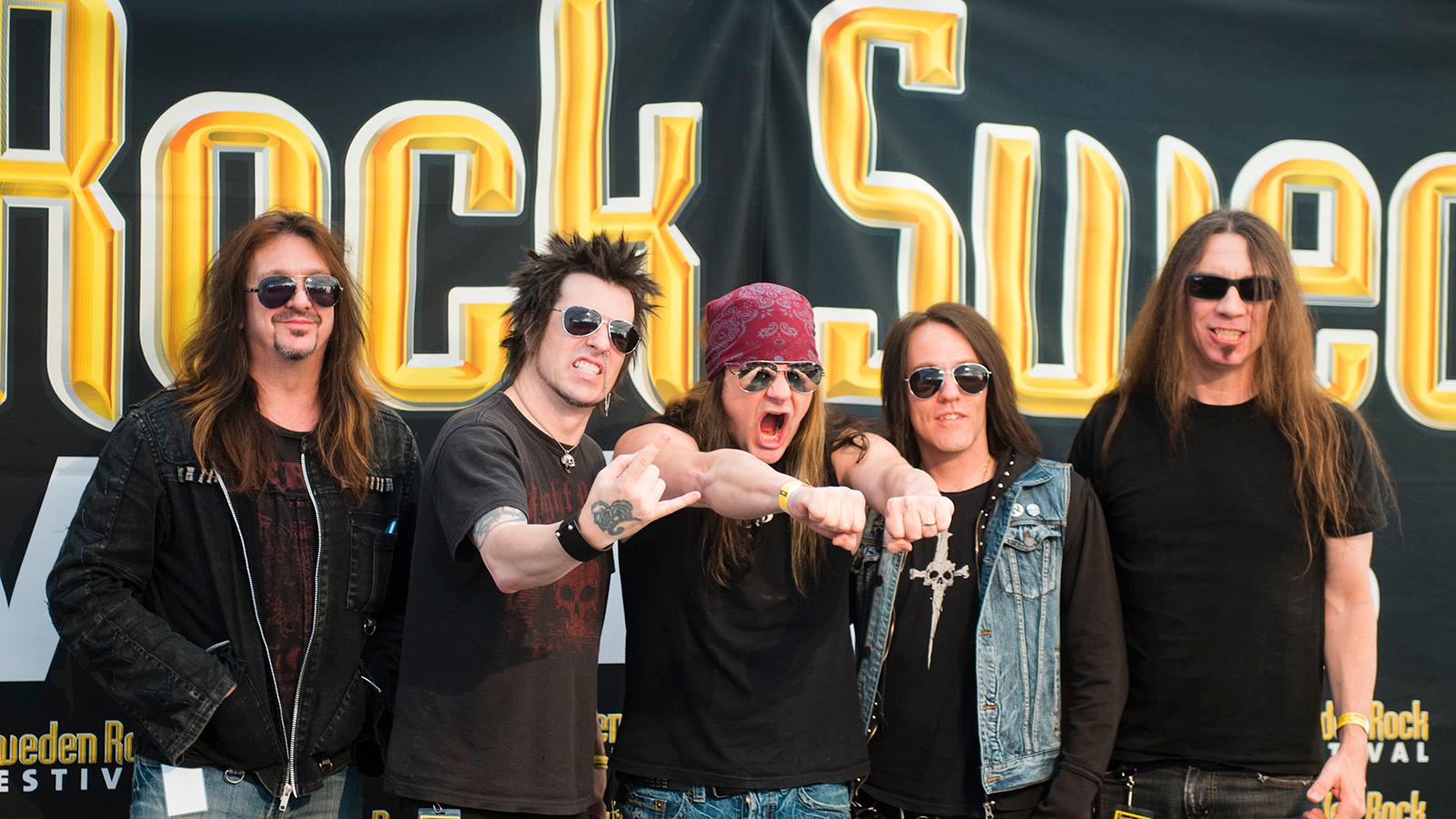Skidrow på Sweden rock festival 2013. Från vänster Dave ”Snake” Sabo, Rachel Bolan, Johnny Solinger, Rob Hammersmith och Scotti Hill.