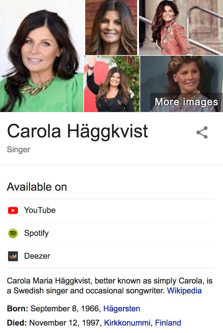 Carola Häggkvist ”dödsförklarad” av Google.