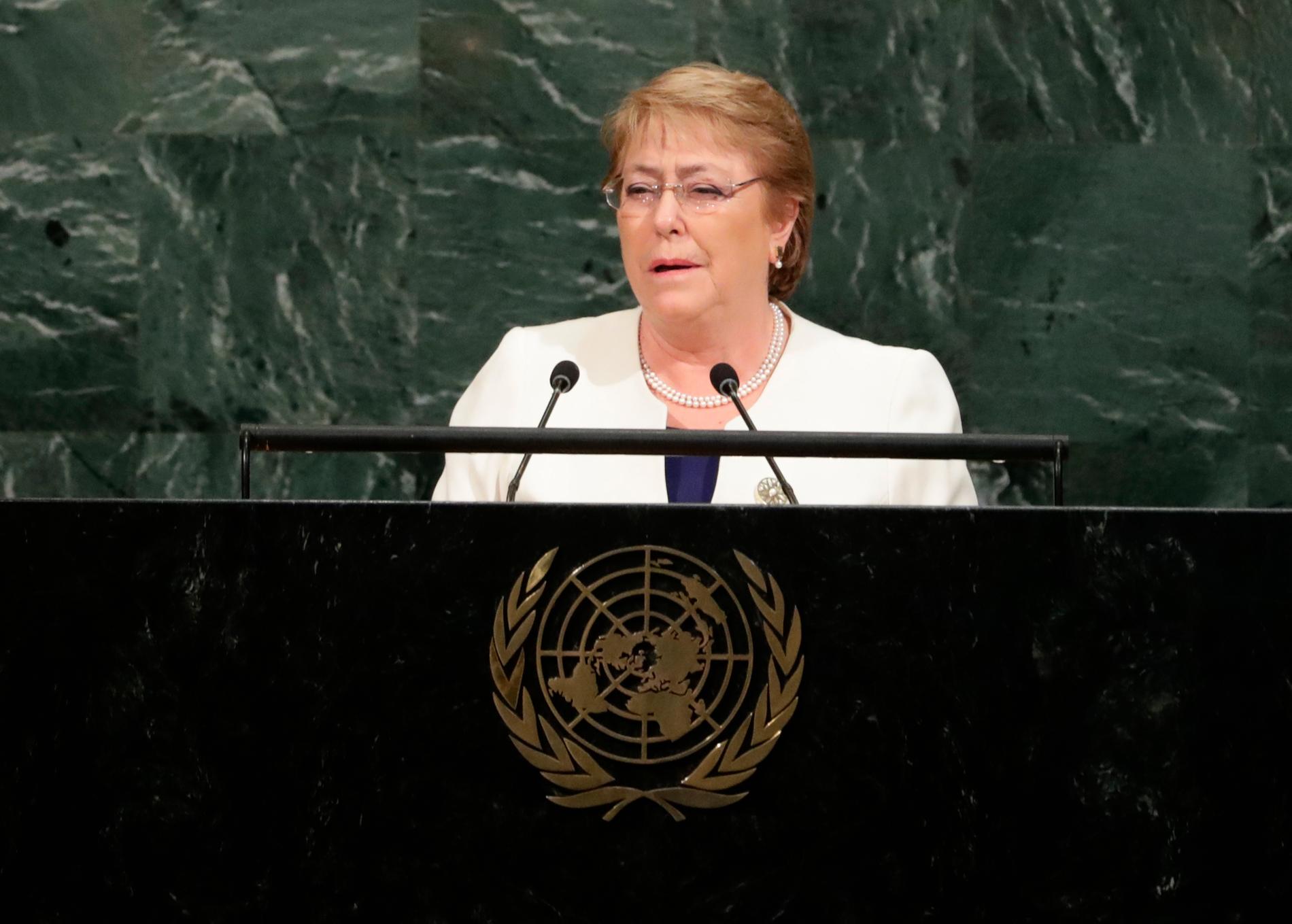 Chiles före detta president Michelle Bachelet talar inför FN:s generalförsamling 2017.