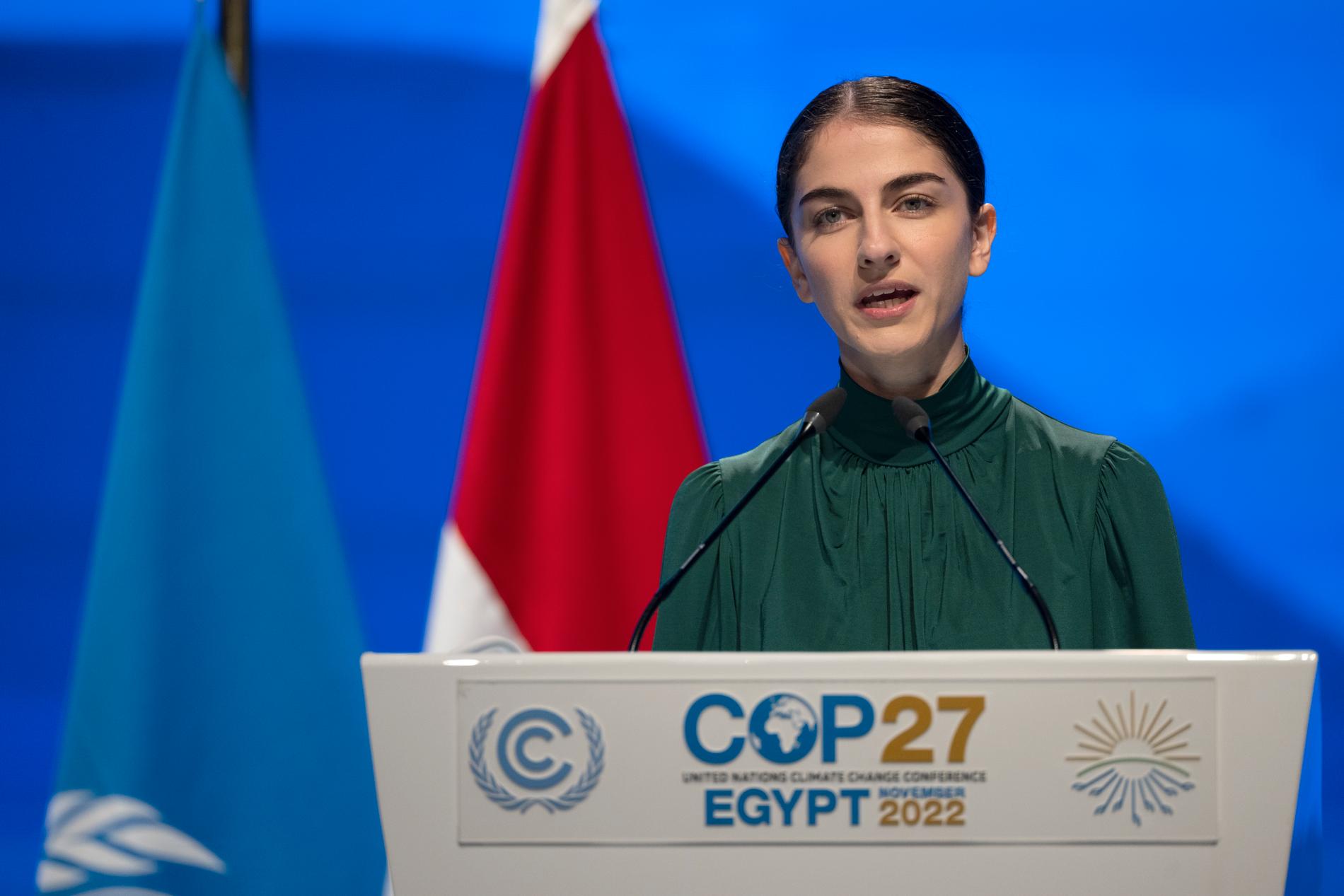 Romina Pourmokhtari talar på FN:s klimatkonferens COP27 i Sharm El-Sheikh i Egypten. 
