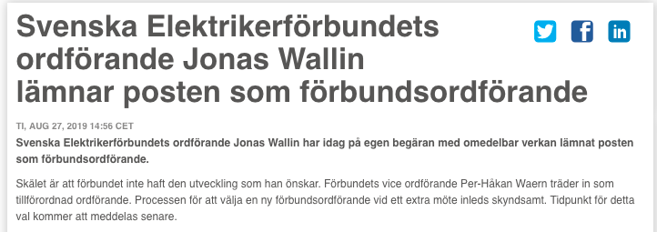 Förbundets pressmeddelande om att Wallin lämnar. 