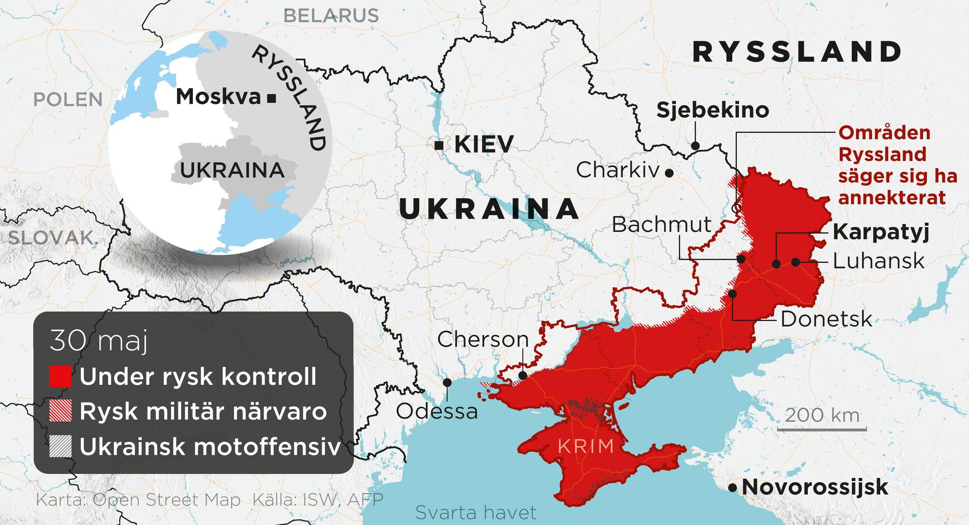 Områden under rysk kontroll, områden med rysk militär närvaro, ukrainska motoffensiver samt annekterade områden t o m den 30 maj.