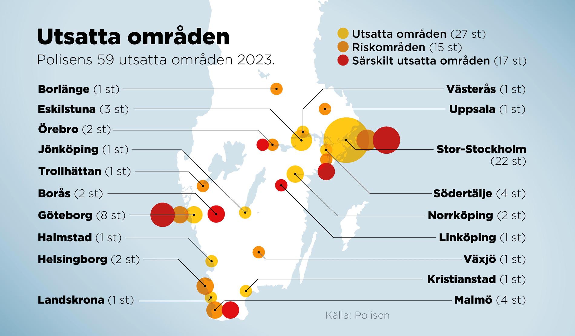 Kartan visar de städer i Sverige där polisens utsatta områden finns.