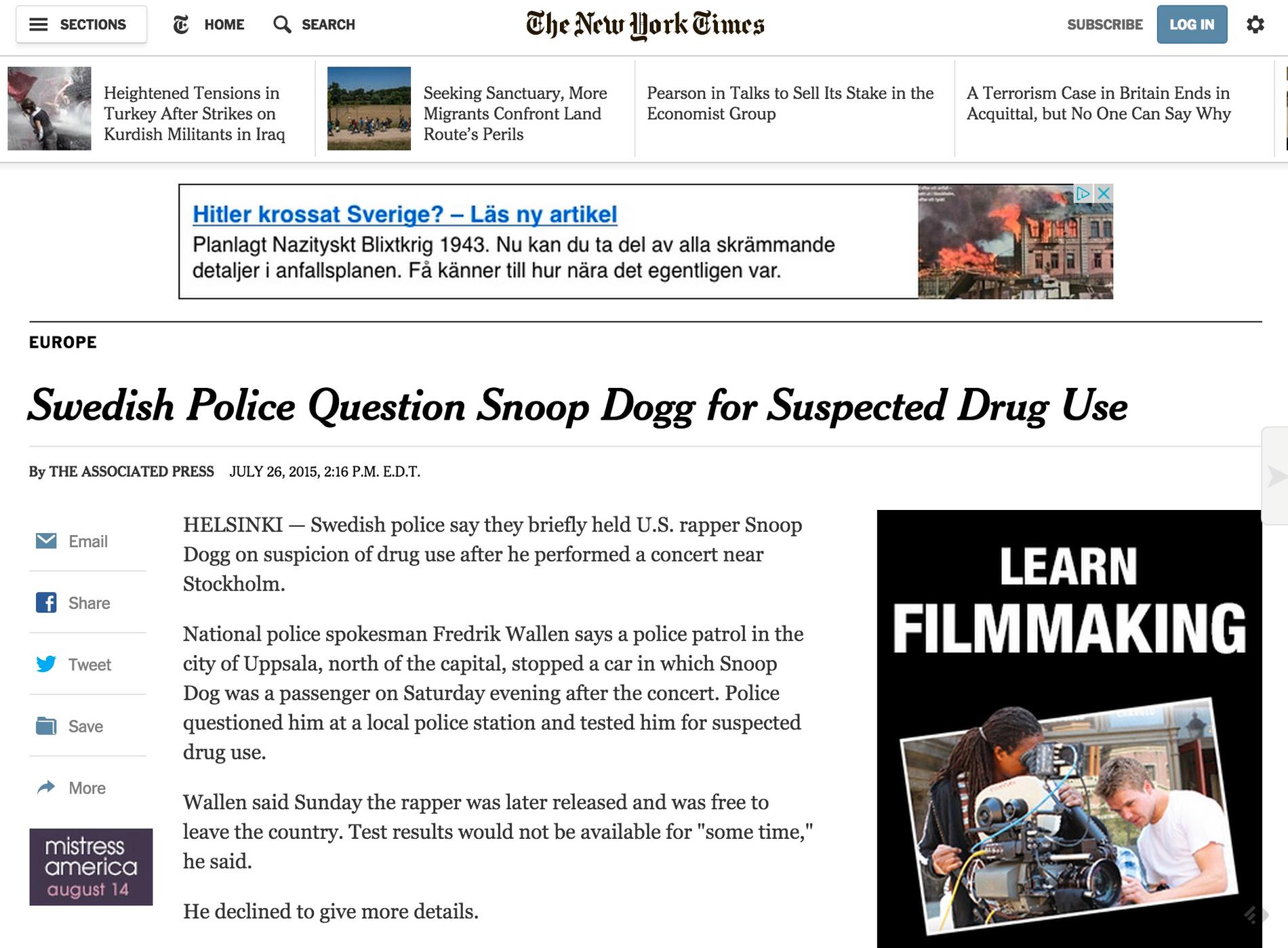 New York Times Swedish Police Question Snoop Dogg for Suspected Drug Use