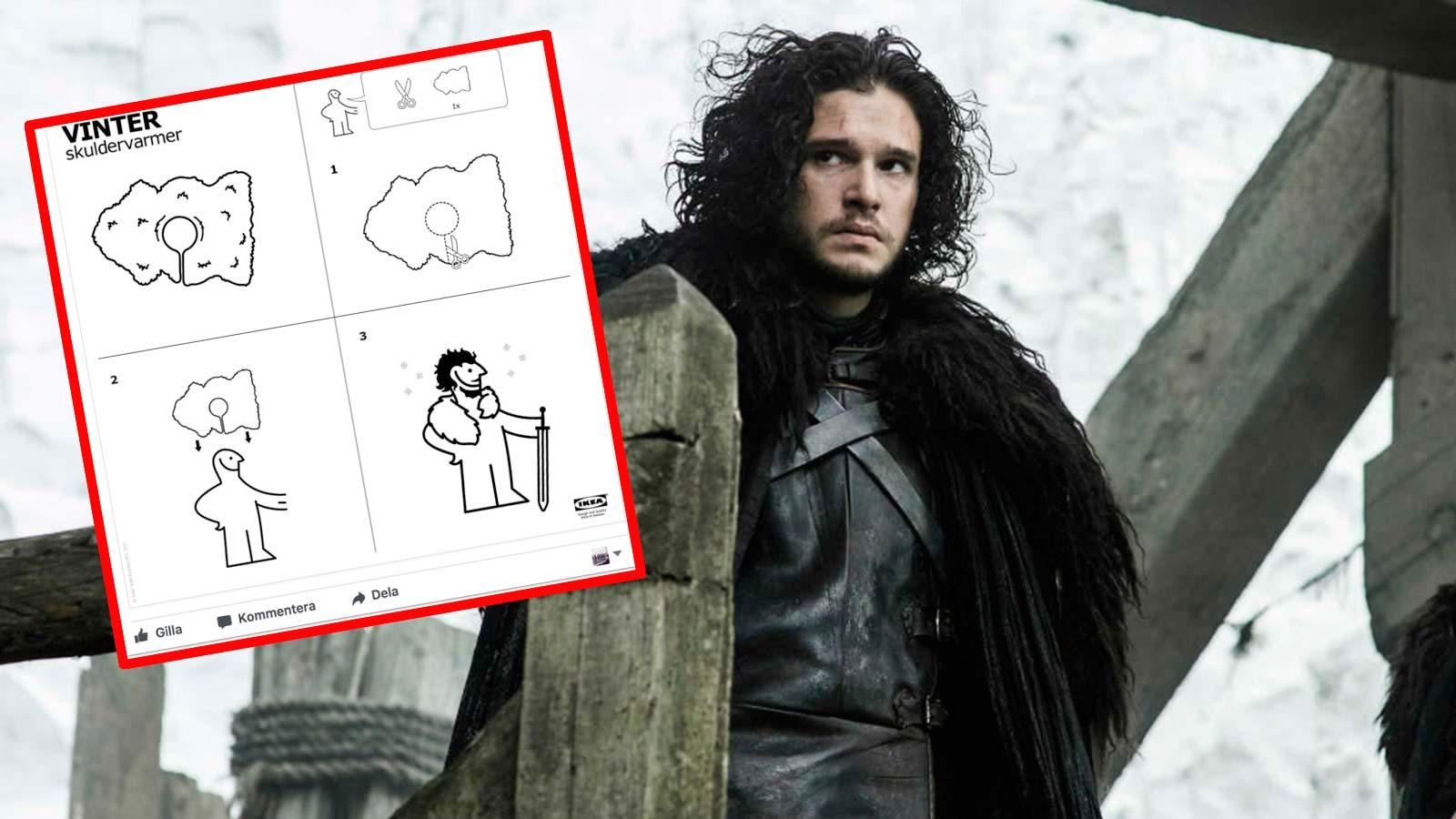 Jon Snow draperad i en Ikea-matta.