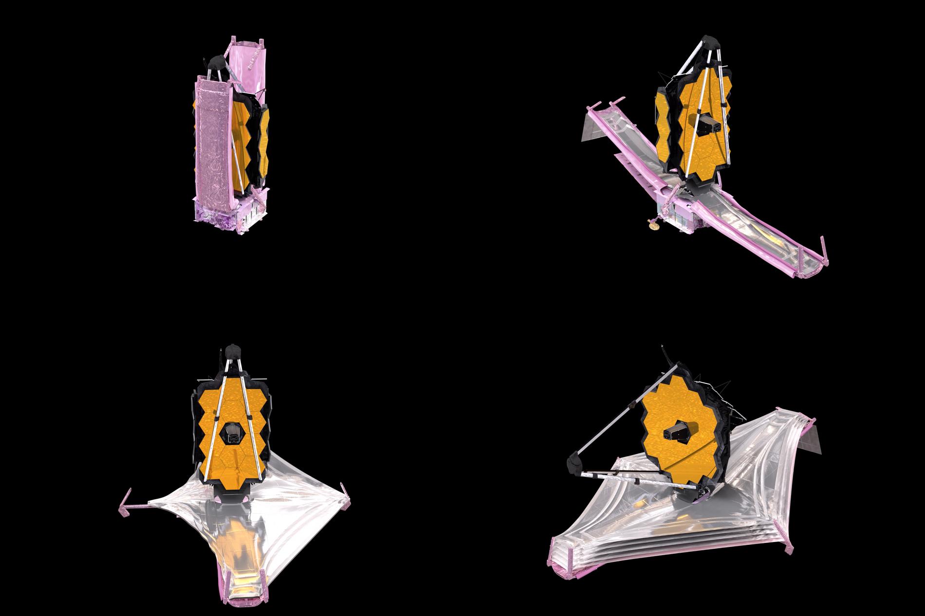 Bilder ur NASA:s animation som visar hur komponenterna i rymdteleskopet James Webb utvecklats. Teleskopet är så stort att det måste vikas i origami-stil för att passa in i noskonen på Ariane-raketen.