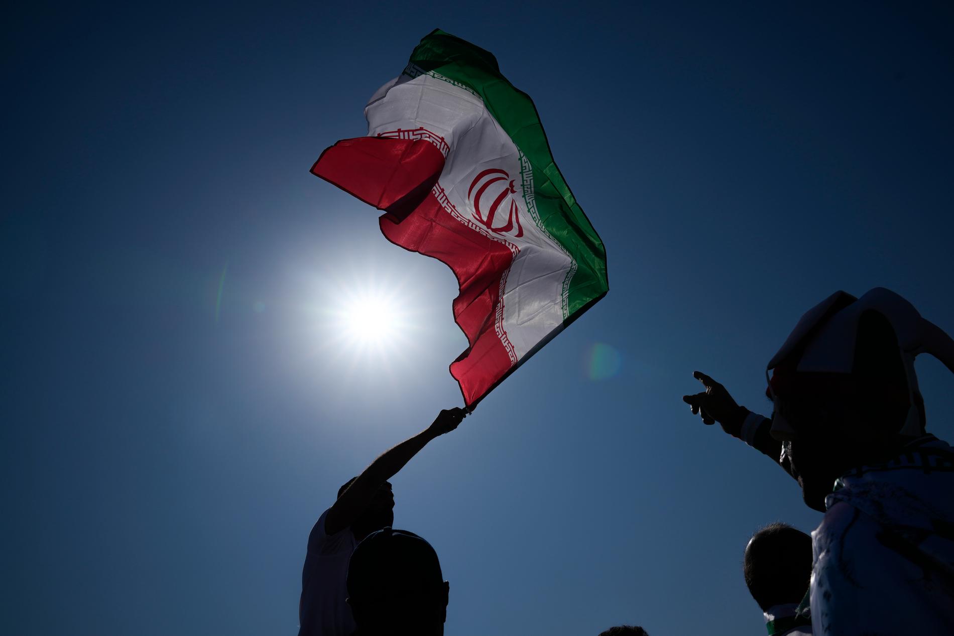 En supporter med Irans officiella flagga i samband med VM-matchen mot Wales i fredags.