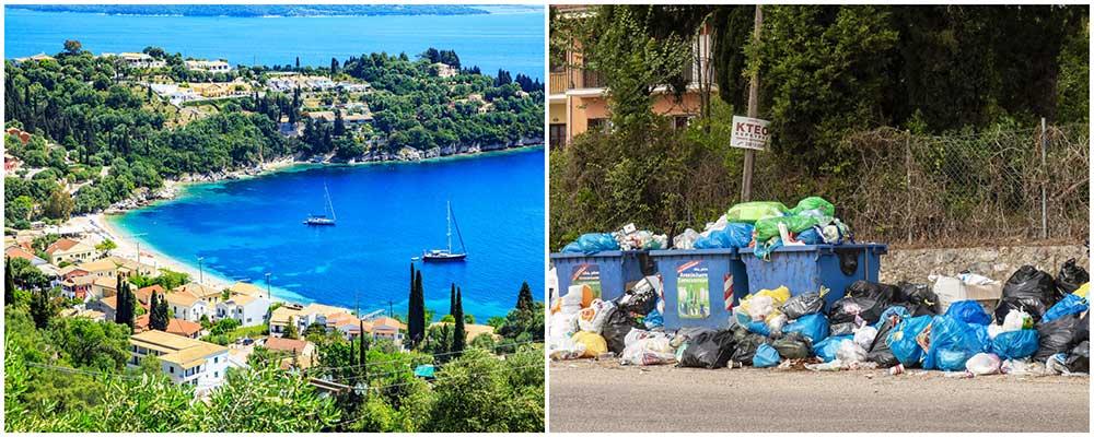 Korfu har stora problem med sin sophantering och avfall har dumpats på gatorna och på en olaglig deponeringsanläggning. 
