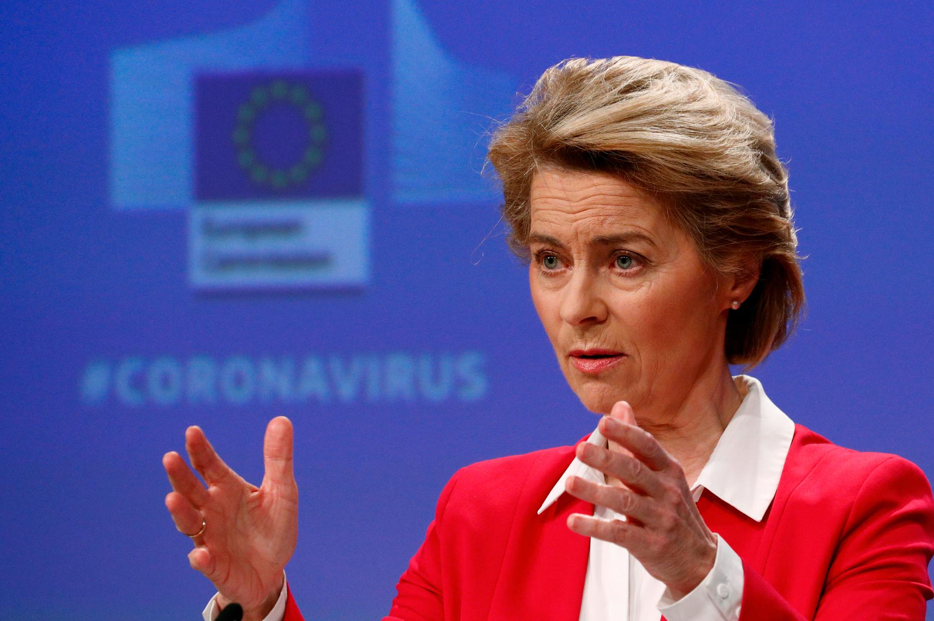 EU-kommissionens ordförande Ursula von der Leyen presenterar Sure – ett nytt EU-system för korttidsarbete.