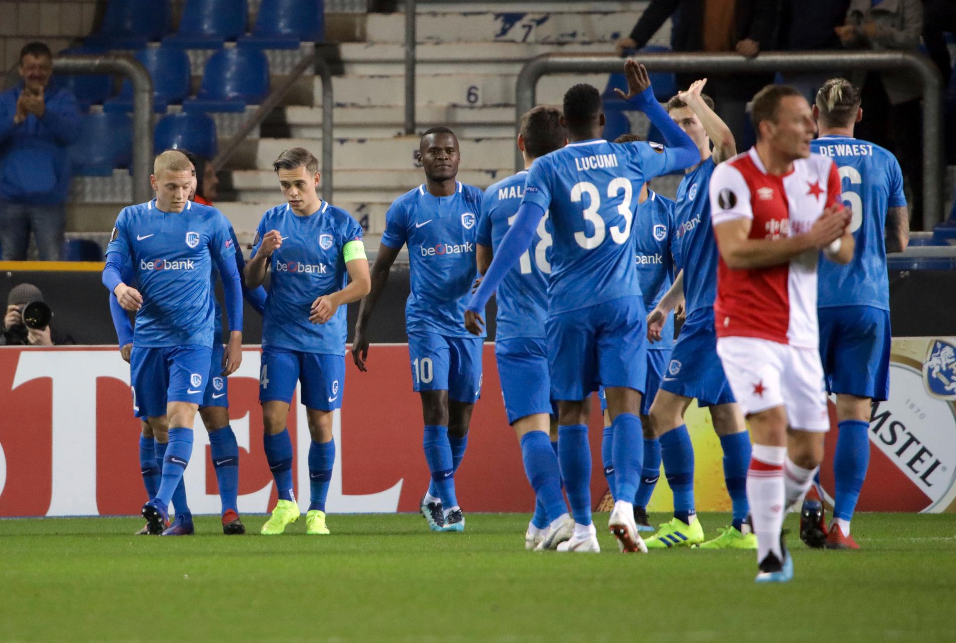 Genk firar under Europa League-mötet med Slavia Prag tidigare i år. 