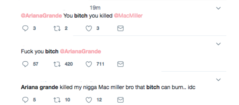 Artisten Ariana Grande trakasseras på Twitter.