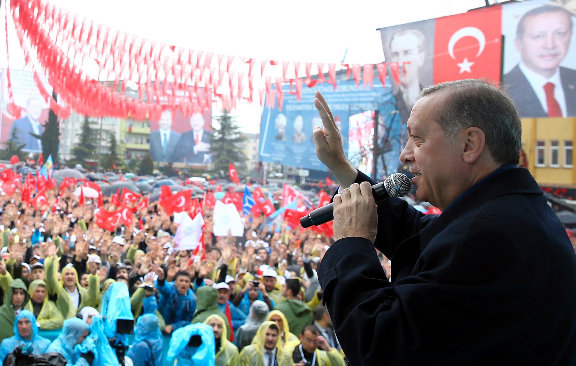 Turkiets president Recep Tayyip Erdogan vid ett valmöte i veckan,