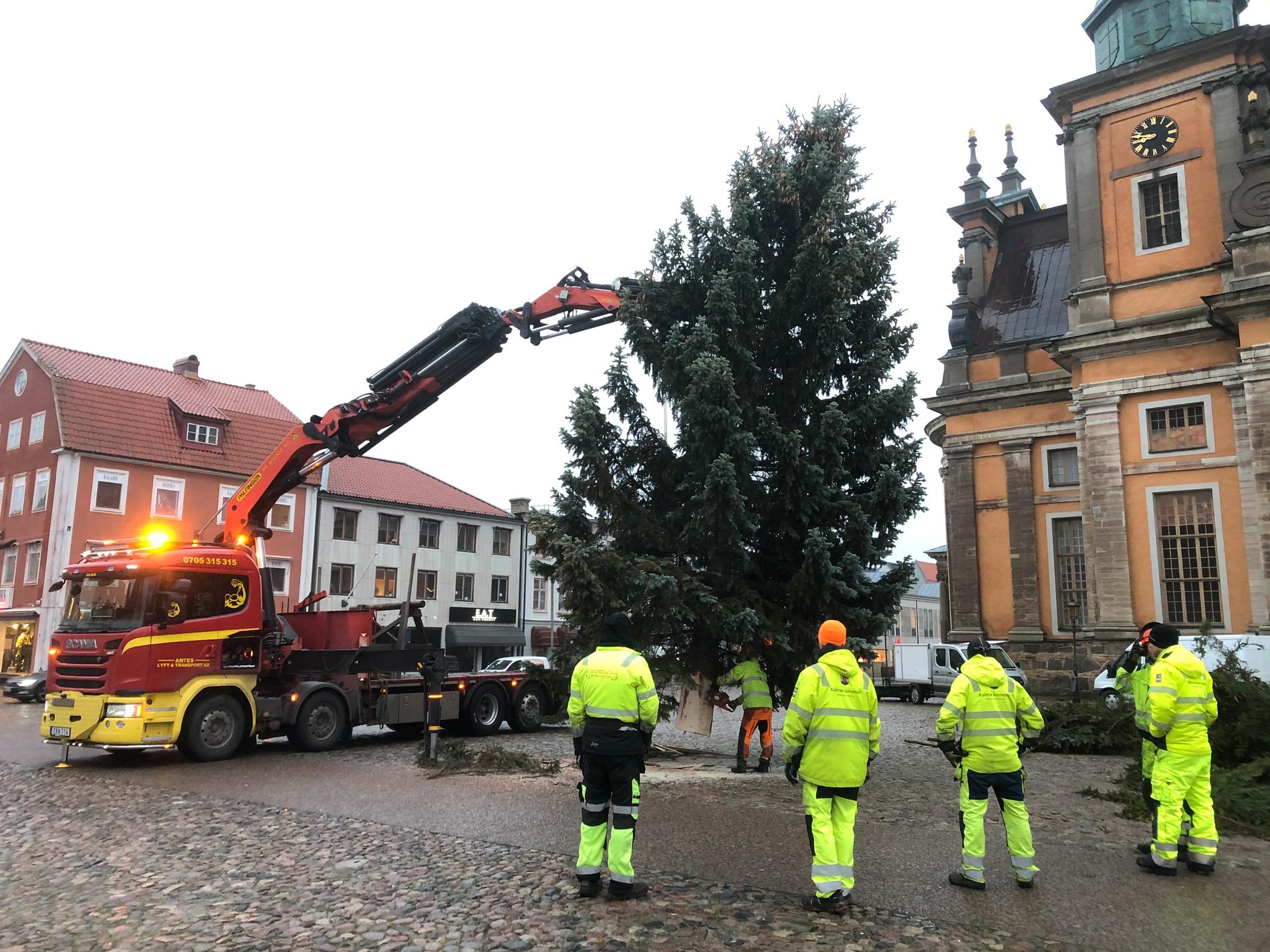 Den nya julgranen lyfts på plats på Stortorget i Kalmar med hjälp av en lastbil med kran. Spillror av den gamla ligger på marken.