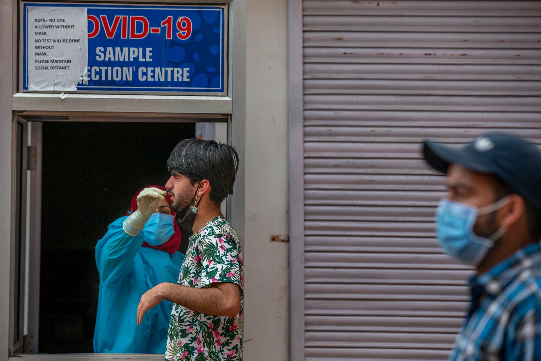 Covidtester utförs i Kashmir i Indien.