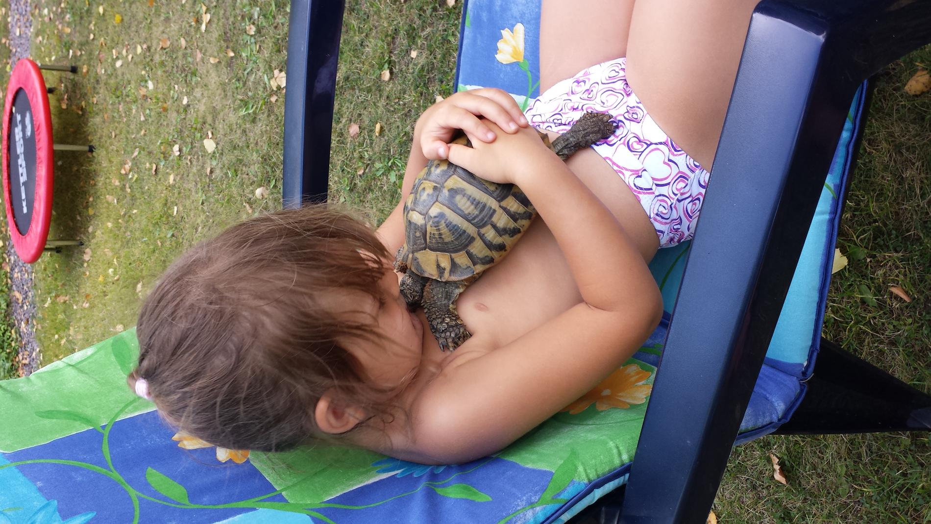 Kärlek Barnbarnet Vanessa 4 år och vår sköldpadda Skalman ca 50 år.