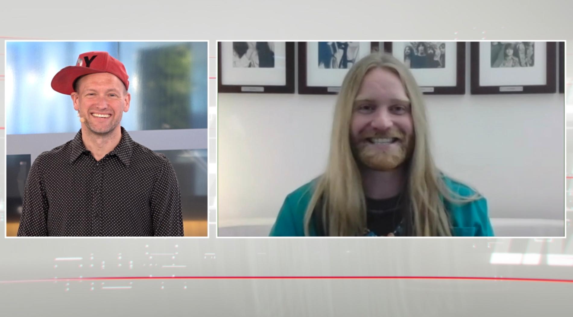 Sam Ryder intervjuas av Aftonbladets Tobbe Ek – och duckar alla frågor om Eurovision som en tävling.