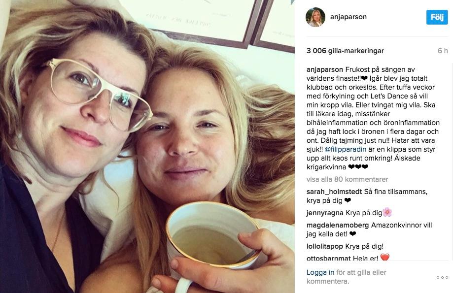 Anja Pärsson pysslas om av flickvännen, då hon blivit riktigt sjuk sin andra ”Let’s dance”-vecka.