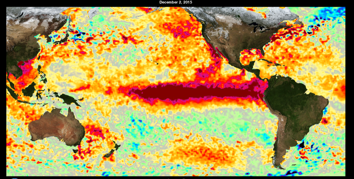 El Niño-förhållanden med mycket varmt ytvatten vid Sydamerikas västkust.