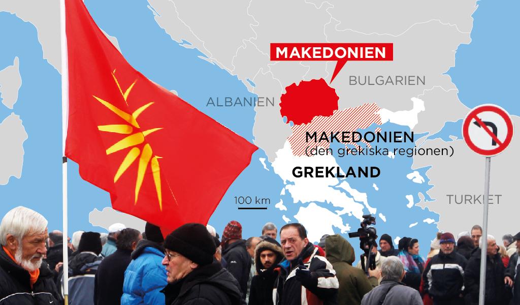 Karta över Grekland, den grekiska regionen Makedonien och det land som snart kan komma att byta namn från Makedonien till Nordmakedonien.