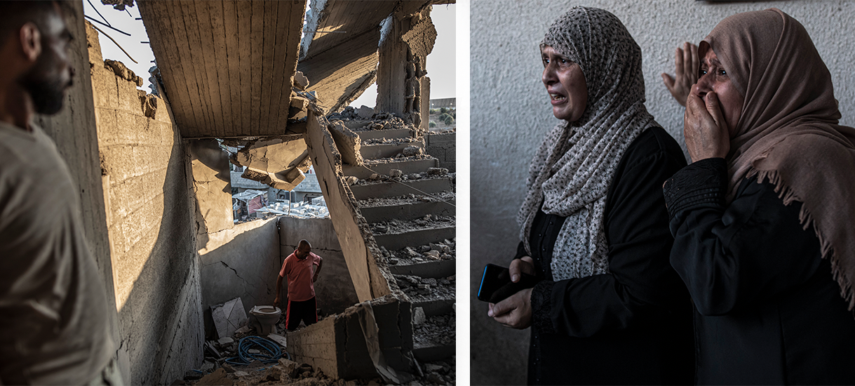 Söndag i Gaza. Till vänster inspekterar palestinier sitt hus efter en israeliska mot Gaza City. Till vänster  kvinnor i Jebaliya efter ett av Israels luftangrepp.
