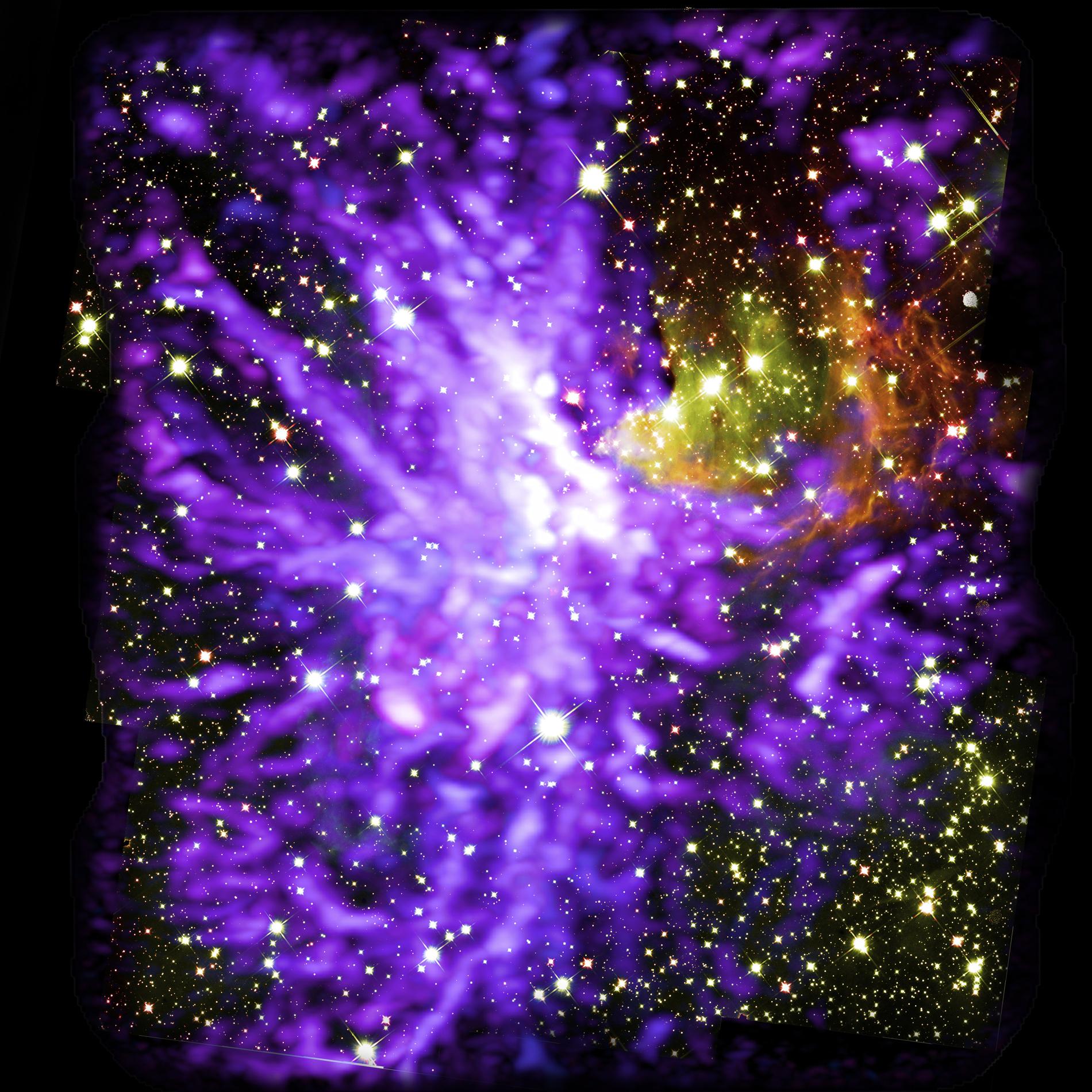 Stjärnor i olika utvecklingsfaser omgivna av molekylär gas (lila).