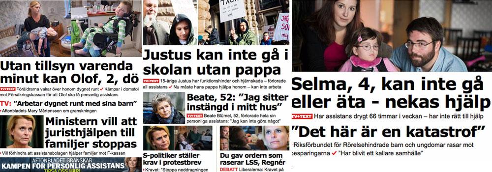 Skärmdumpar som visar några av de artiklar Aftonbladet skrivit om människor som drabbas av neddragen assistansersättning.