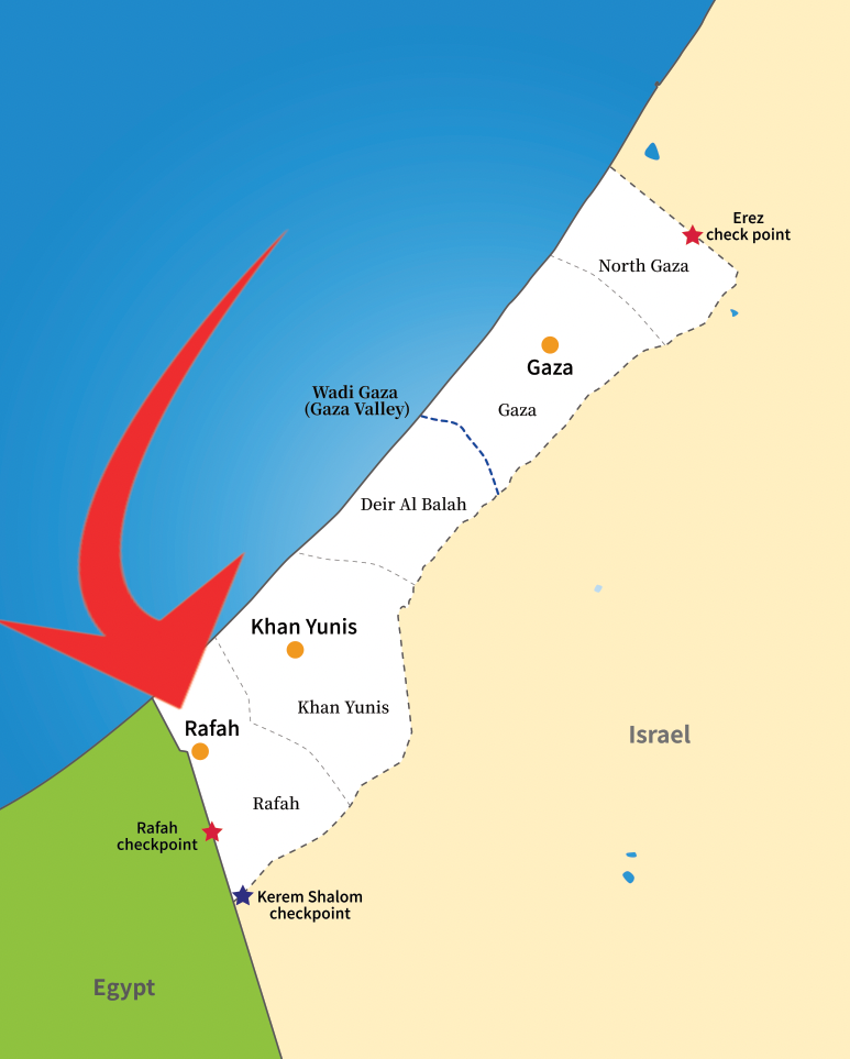 Staden Rafah ligger längst i söder i Gaza, vid gränsen mot Egypten. 