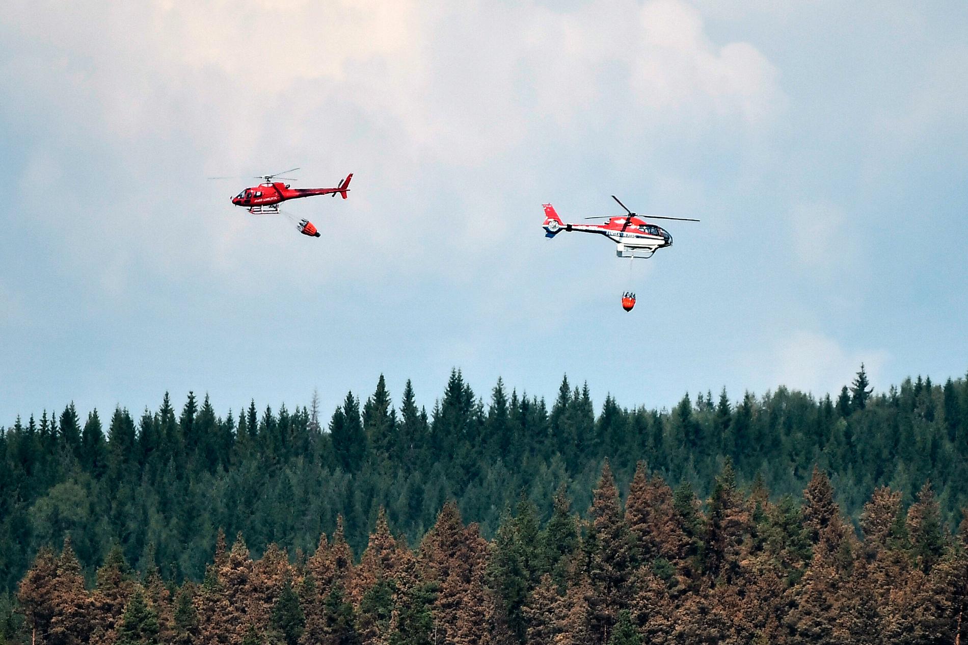 Helikoptrar vattenbombar skogsbranden på Grötingenberget i Bräcke i Jämtland under söndagen.