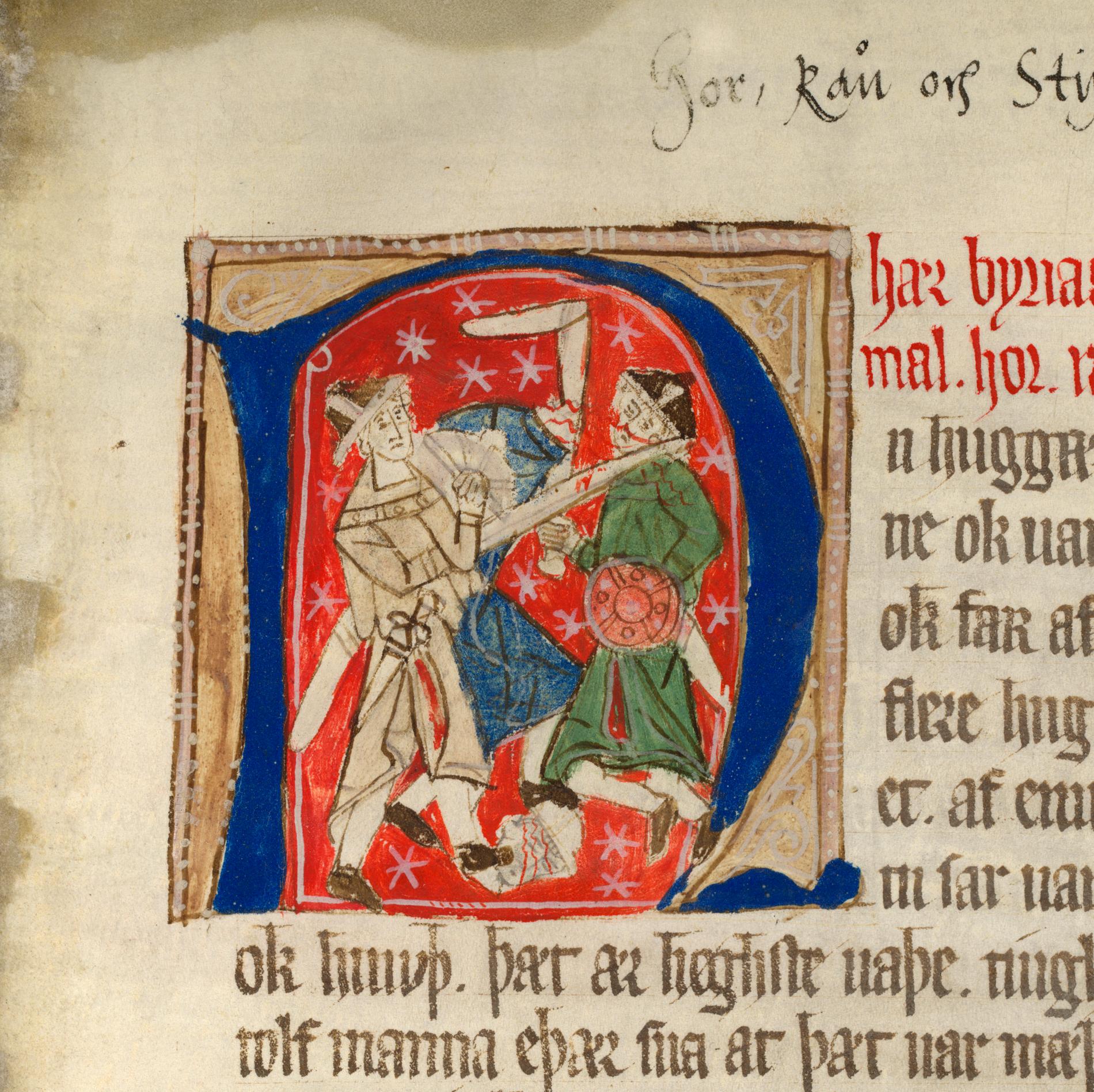 En grå man med svärd hugger en grönklädd man. Såramålabalken ur Östgötalagen (1325–1375).