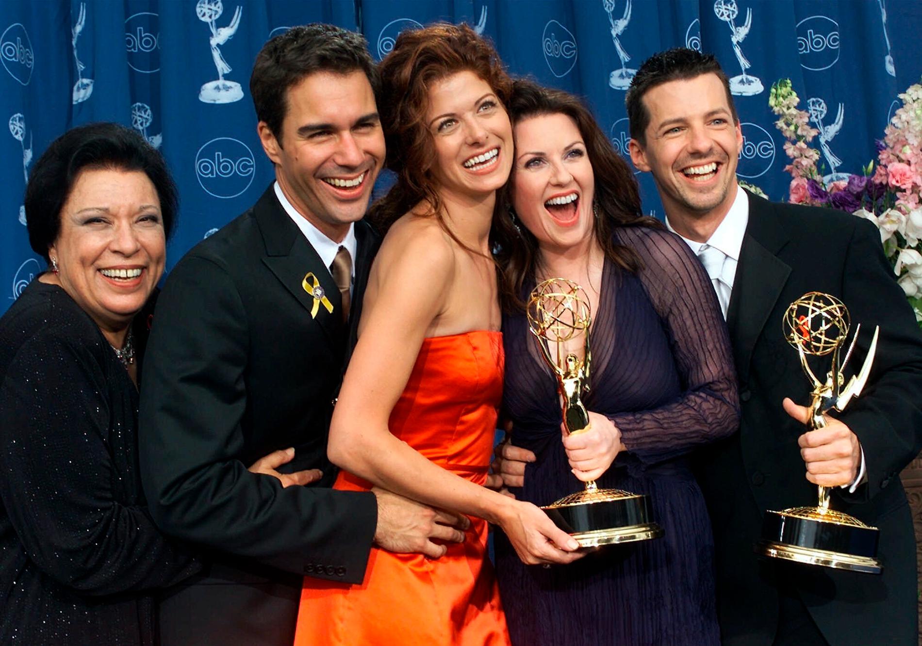Shelley Morrison, Eric McCormack, Debra Messing, Megan Mullally och Sean Hayes från ”Will & Grace” på Emmygalan år 2000.