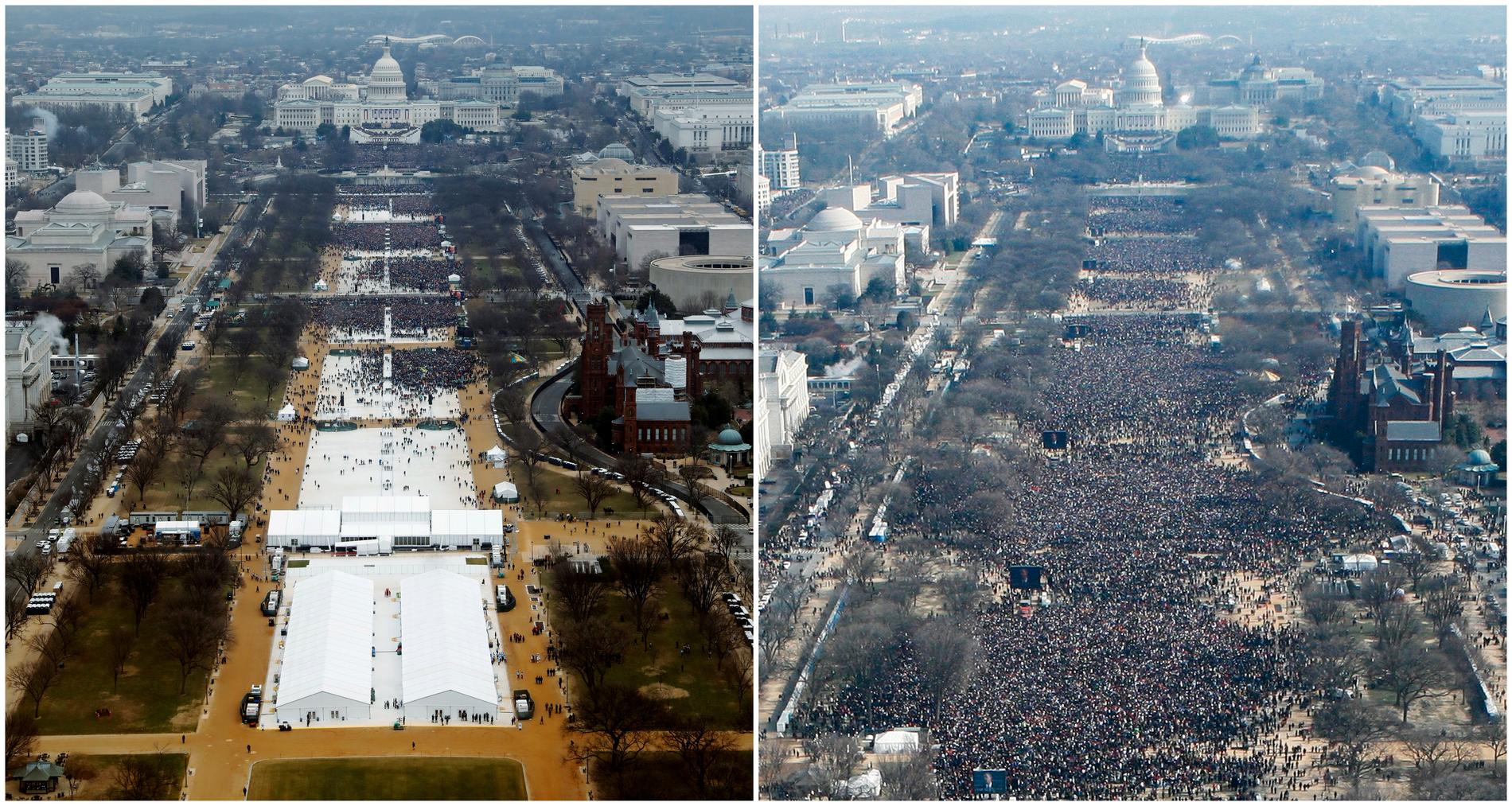 Till vänster 2017 under Trumps installation. Till höger när Barack Obama installerades 2009.