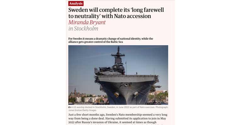 The Guardian: Sverige fullbordar sitt ”långa farväl till neutralitet” med en Nato-anslutning. 