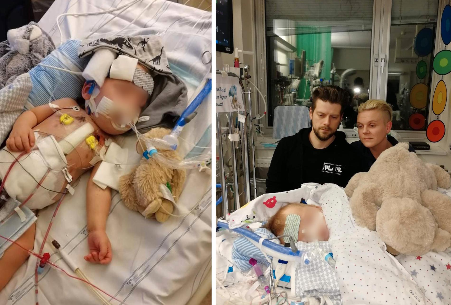  Peter Eriksen och Caroline Barthelson vid sonen Tims sjukhussäng. Endast ett hjärtbyte kan rädda hans liv på sikt.